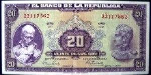 COLOMBIA BANKNOTE

YEAR: 1963

P392C

SERIE DD  22117562

VERY GOOD CONDITION

UNC-SCARCE-RARE

CAT 114 
OBERSE: GENERAL FRANCISCO JOSE DE CALDAS AT LEFT

REVERSE: LIBERTY HEAD AND BANCO DE LA REPUBLICA SEAL.
 Banknote