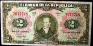 ScanCOLOMBIA -2  PESOS ORO 1955 P390d-EL BANCO DE LA REPUBLICA- EXTRA FINE/VERY GOOD CONDITION- 8/10-1 de enero de 1955- serie GG 7672748 7 DIGITS-RARE -The above picture is the actual banknote- CAT 001  Banknote