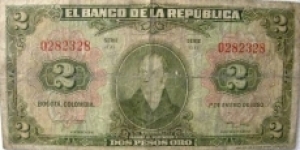 COLOMBIA BANKNOTE 

 2 PESOS ORO

YEAR: 1950

SERIE GG 0282328-SCARCE

PICK : P390C

CONDITION-CIR-

DATE: 195

    CAT 218 
 Banknote