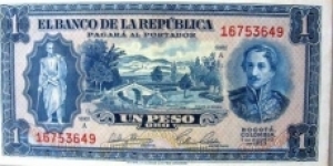 COLOMBIA BANKNOTE  1 PESOS OR

YEAR: 1953

PICK : P 398

CONDITION-CIR-UNC

SERIE A 16753649

 CAT 208  
 Banknote