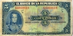 COLOMBIA BANKNOTE 

5 PESOS ORO

BANCO DE LA REPUBLICA

YEAR: 1949

PICK-386d

CONDITION: CIRCULATED 

DATE: 12 de OCTUBRE DE 1949

SERIE M

64868618

CAT:214
 Banknote