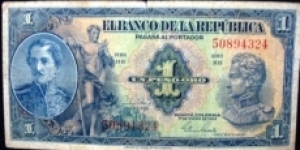 COLOMBIA BANKNOTE 

 1 PESO ORO

YEAR: 1954

PICK : P 380g

CONDITION-CIR

SERIE HH 50894324


 CAT 210
 Banknote