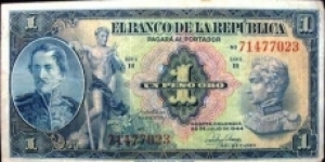 COLOMBIA BANKNOTE 

1 PESO ORO

BANCO DE LA REPUBLICA

YEAR: 1944

PICK-380d

CONDITION: CIRCULATED 

DATE: 20 DE JULIO DE 1944

SERIE R No. 71477023

CAT:201

SPECIAL SALE
 Banknote