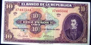 COLOMBIA BANKNOTE -PAPER MONEY

10 PESOS ORO

YEAR: 1963

PICK : P 389f

CONDITION-UNC

DATE: 2 DE ENERO DE 1963

  CAT 110 
SOLD Banknote