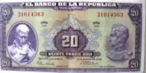 COLOMBIA BANKNOTE

20 PESOS ORO

YEAR: 1963

SERIE DD 21014363

PICK :392e

CONDITION-cir

DATE: 2 DE ENE

CAT 220A  
 Banknote