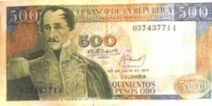 COLOMBIA -EL BANCO DE LA REPUBLICA - 500 PESOS ORO- 20 DE JULIO---CAT 282 $ 25- VERY GOOD CONDITION- UNC-CIRCULATED  More offer and details about the items. - Scan please the picture. 
Value/Denomination   500 Pesos Oro    PICK   420a
 
Type   Regular Banknote   Year  1977  Condition   VF
 
Size 140 mm x 70 mm  Series   July 20th, 1977
 
Front:  Olive, grey, blue, light brown. Multicolored underprint. Francisco de Paula Santander portrait at left. Denomination at center, two signatures below, date below. Serial numbers in black.  Back:  Grey. Catedral de Sal at Zipaquirá at center. Banknote