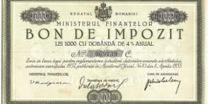 1000 Lei(Bon de Impozit/ Kingdom of Romania 1933) Banknote