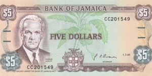 Jamaica P70d (5 dollar 1/7-1991) Banknote