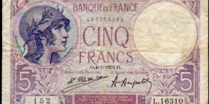 5 Francs__
pk# 72 c__
signatures: Platet & Aupetit__
04.01.1924 Banknote