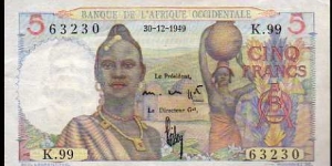 *FRENCH WEST AFRICA*__
5 Francs__
pk# 36__
30.12.1939 Banknote