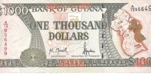 P33a - 1000 Dollars
Sign 10
GOVERNOR - Archibald Livingston Meredith and MINISTER of FINANCE - Bharrat Jagdeo Banknote