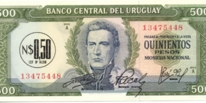 P54a - 0.50 Nuevos Pesos stamped on 500 Pesos(P48) Banknote