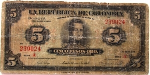 COLOMBIA BANKNOTE  5 PESOS  ORO 1938 6 DIGITS-RARE SCARCE 

REPUBLICA DE COLOMBIA SOLD

SERIES A

NO. 239024
SOLD AS IS- NOT RETURNS-

22.3.1938
BLACK ON M/C UNPT. CORDOBA AT CENTER
BACK: RED;ARMS AT CTR.

CONDITION: circulated-scan-

        All items are backed by our 100% AUTHENTICITY GUARANTEE
REF 607 Banknote