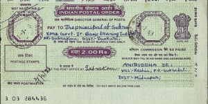 India 1988 2 Rupees postal order.

Issued at Calcutta (West Bengal),& cashed at Sabrakone (West Bengal). Banknote