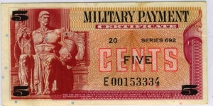 $.05 Military Payment Certificate : Series 692 replacement Banknote