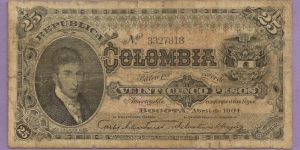 COLOMBIA 25 Pesos Republica de Colombia 1904 SOLD Banknote