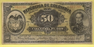 COLOMBIA 50 Pesos Republica de Colombia 1910 - SOLD Banknote