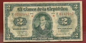 COLOMBIA 2 Pesos Rep. de Colombia SOLD 1923 - VERY RARE Banknote
