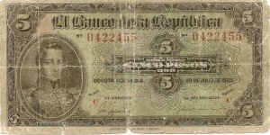 COLOMBIA 5 Pesos Rep. de Colombia 1923 SOLD Banknote