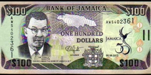 100 Dollars__
pk# New__
06.08.2012__
Commemorative:  Golden Jubilee of Jamaica, 1962-2012
 Banknote