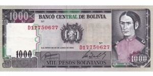 Bolivia 1.000 Pesos Bolivanos 1982 Pick 167a Unc Banknote