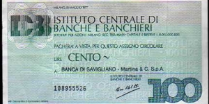 *Emergency Notes_ Local Mini-Check*__
100 Lire__
pk# NL__
Istituto Centrale di Banche e Banchieri__Banca di Savigliano__
10.05.1977 Banknote