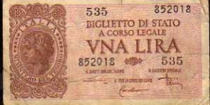 1 Lira__ pk# 29 c__ sign: Di Cristina/Cavallaro/Parisi__ R.D.L 20.05.1935-n° 874__ D.M 23.11.1944__ series: 535 - 852018 Banknote