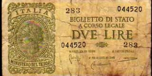 2 Lire__ pk# 30 b__ sign: Bolaffi/Cavallaro/Giovinco__ R.D.L 20.05.1935-n° 874__ D.M 23.11.1944__ series: 283 - 044520 Banknote