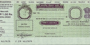 India 2012 1 Rupee postal order.

Issued at Sansag Marg (New Delhi). Banknote