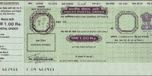 India 2012 1 Rupee postal order.

Issued at Sansag Marg (New Delhi). Banknote