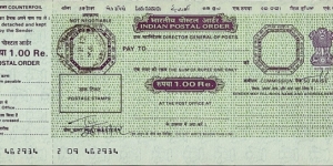 India 2012 1 Rupee postal order.

Issued at Sansag Marg (New Delhi). Banknote