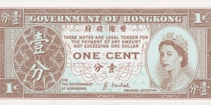 Hong Kong 1 cent (Governemt) 1992-1995, signature: Sir Hamish MacLeod Banknote