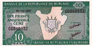 10 Francs - Banque de la Republique du Burundi (01-11-2007) Banknote