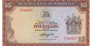 Rhodesia P32b (5 dollars 20/10-1978)
(The note is UNC but a cut in the down left corner reduces the value. However it's a nice note.) Banknote