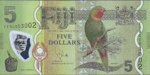 Fiji N.D. (2012) 5 Dollars.

Fiji's first polymer note. Banknote