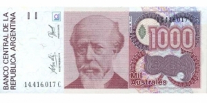 Banco Central de la República Argentina | 1,000 Australes | Obverse: Portrait of General and President Julio Argentino Roca (1843-1914) | Reverse: Liberty (Progreso) | Watermark: Repeated eight-angled sunfaces Banknote