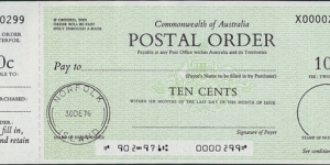 Norfolk Island 1976 10 Cents postal order. Banknote