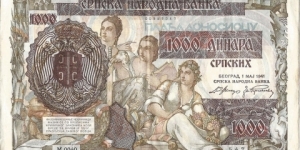 1000 Dinara, issued during the German invasion of Serbia. Banknote