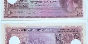 100 Rupees. Portuguese-India. Cancelled note. Banknote