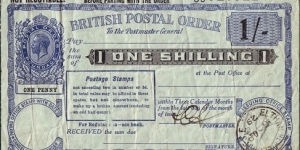 England 1929 1 Shilling postal order.

Issued at Eltham-New Eltham,S.E. (London).

An interesting spacefiller from King George V's reign (1910-36). Banknote