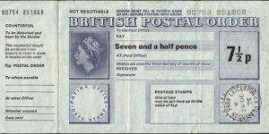 England 1975 7-1/2 Pence postal order.

Issued at Clarendon Park,Leicester (Leicestershire).

A very unusual & interesting denomination! Banknote