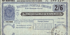 Scotland 1955 2 Shillings & 6 Pence (1/2 Crown) postal order.

Issued at Eglinton St.,Glasgow,C.5. (Lanarkshire).

King George VI Posthumous Issue under Queen Elizabeth II. Banknote