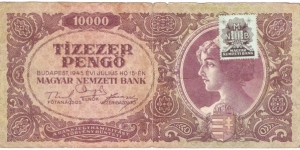 10.000 Pengo(increase value brown stamp issue of 1945) Banknote