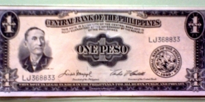 English Series; 1-Peso; Sig: Macapagal & Castillo;  Apolinario Mabini /  Barasoain Church Banknote
