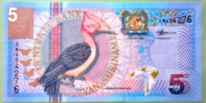 5 Gulden, Centrale Bank van Suriname, 
Red-necked woodpecker (campephilus rubricolis) / Central Bank building (Paramaribo), passion flower (passiflora quadrangularis) Banknote