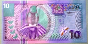 10 Gulden, Birds Issues, Black-throated mango (anthracothorax viridigula)
Central Bank building (Paramaribo), scarlet star flower (guzmania lingulata) Banknote