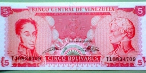 5 Bolívares, Banco Central de Venezuela; Simón Bolívar, Francisco de Miranda / National Pantheon, Caracas Banknote