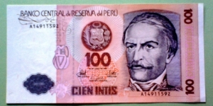 100 Intis, Banco Central de Reserva del Perú
Ramón Castilla / Cotton spinning frame Banknote