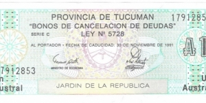 1 Austral( PROVINCIAL EMERGENCY ISSUES-Provincia de Tucuman 1991) Banknote