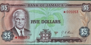 Jamaica 1977 5 Dollars.

Same serial numbered set. Banknote